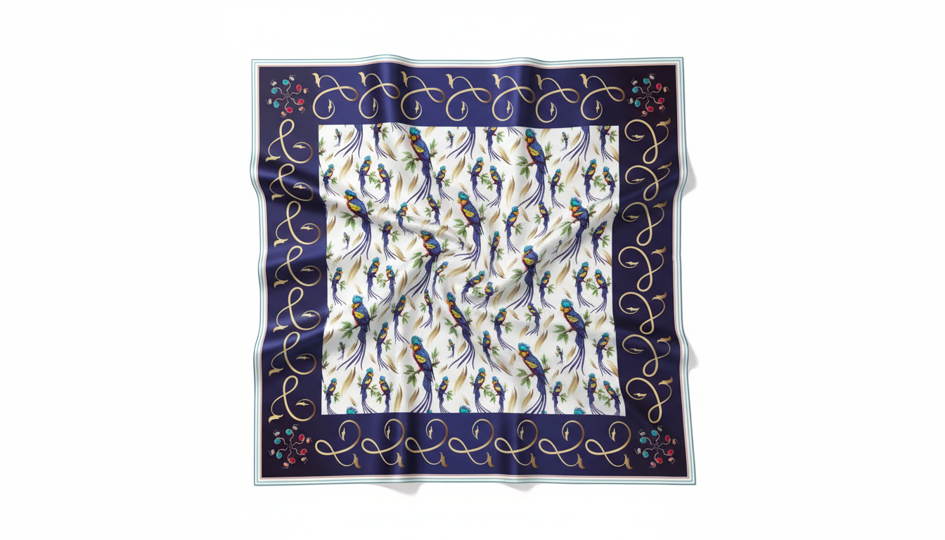 100% Silk Charmeuse Square Scarf Parrots in Blue