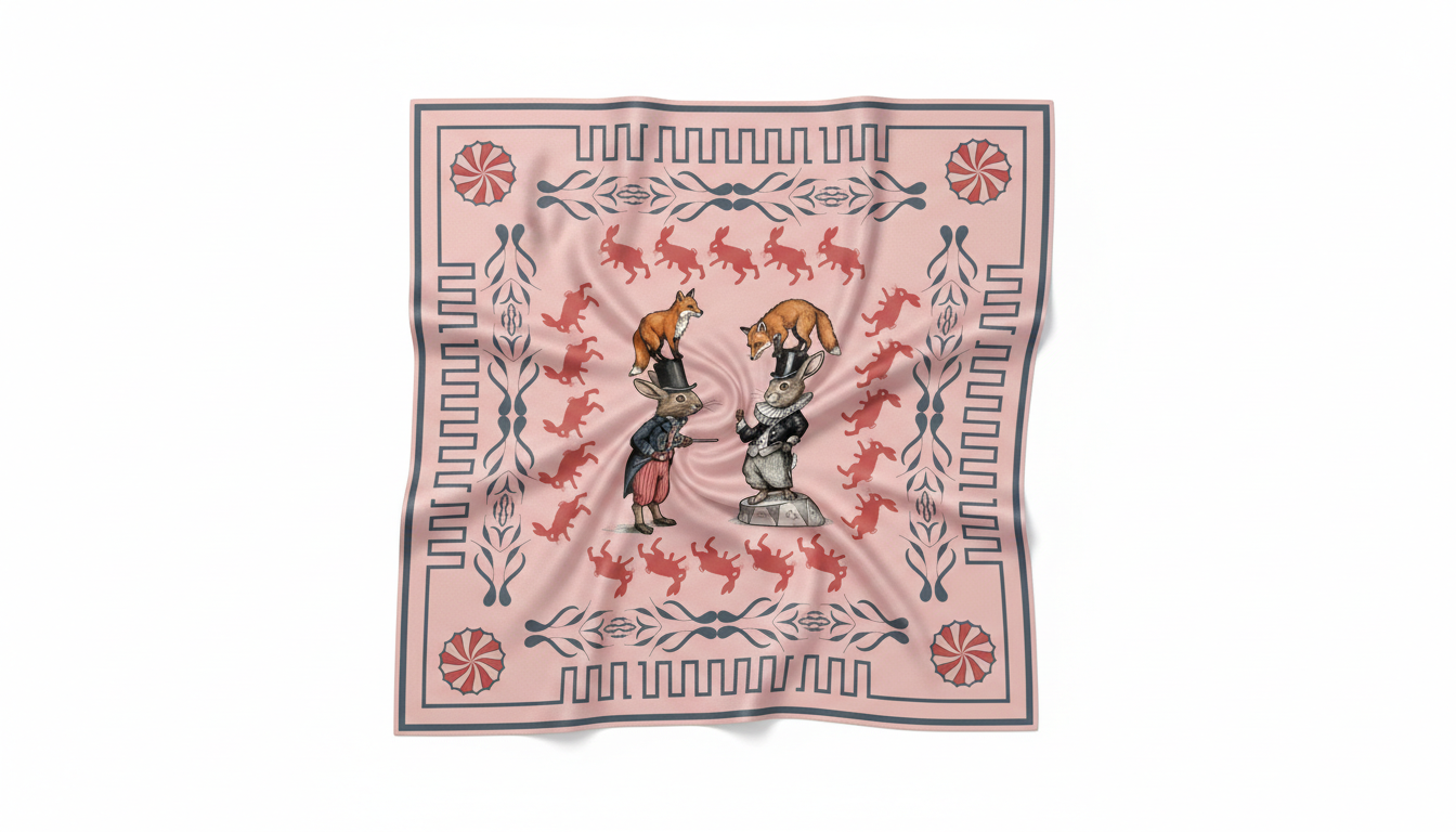 100% Silk Charmeuse Square Scarf  The Rabbit Circus No 1