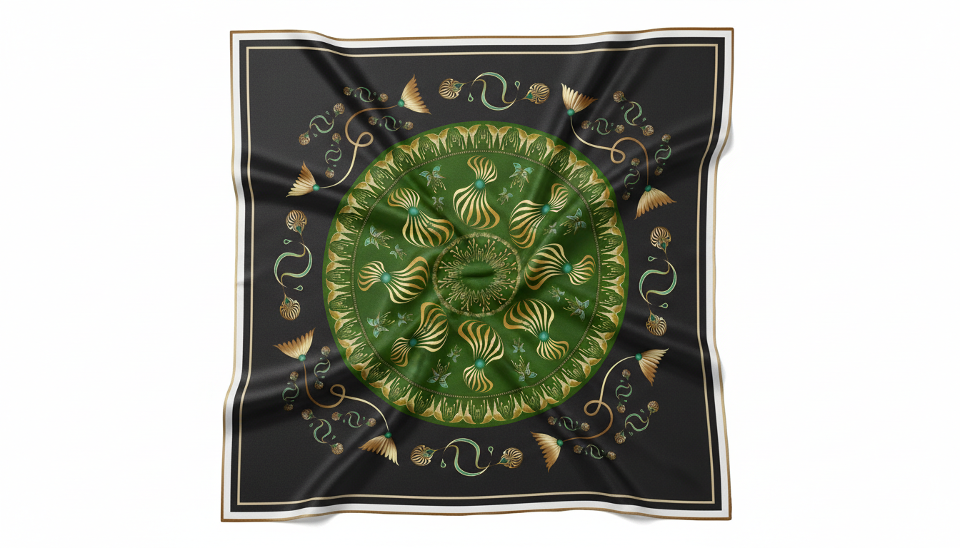 100% Silk Charmeuse Square Scarf Mandala in Green with Butterflies