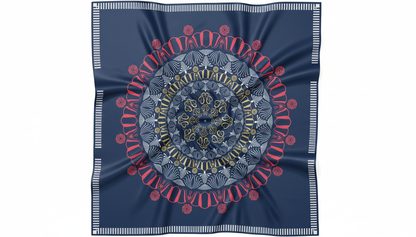 100% Silk Charmeuse Square Scarf Mandala on Blue