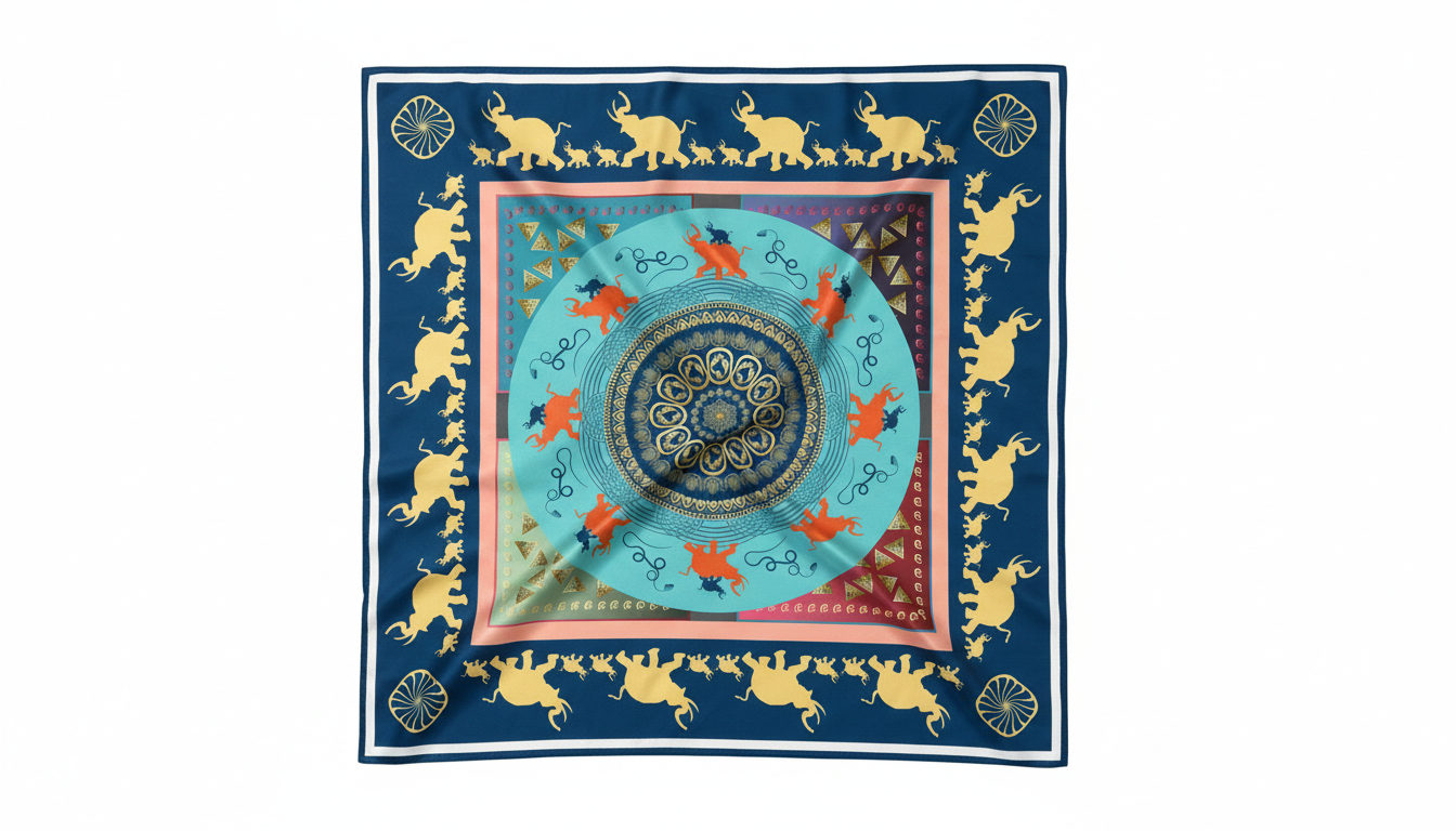 100% Silk Charmeuse Square Scarf Ganesha Gold Aqua Blue Mandala No 3