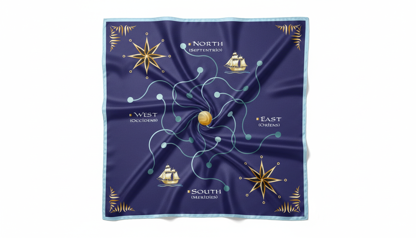 100% Silk Charmeuse Square Scarf Blue Winds Compass