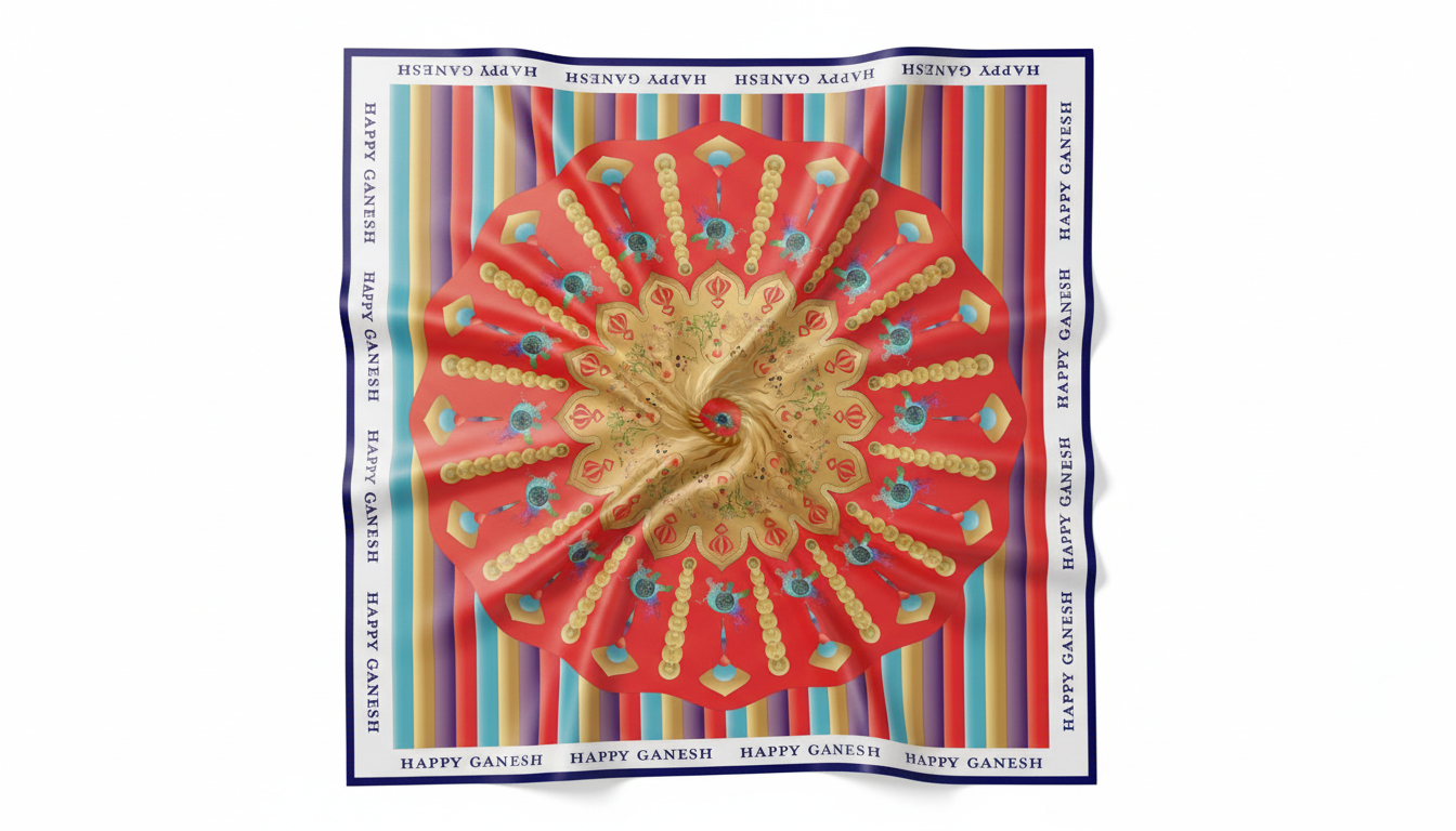 100% Silk Charmeuse Square Scarf Happy Ganesha Red Gold Mandala