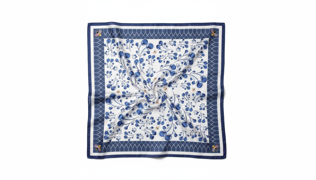 100% Silk Charmeuse Square Scarf Blue Abstract Florals No 3