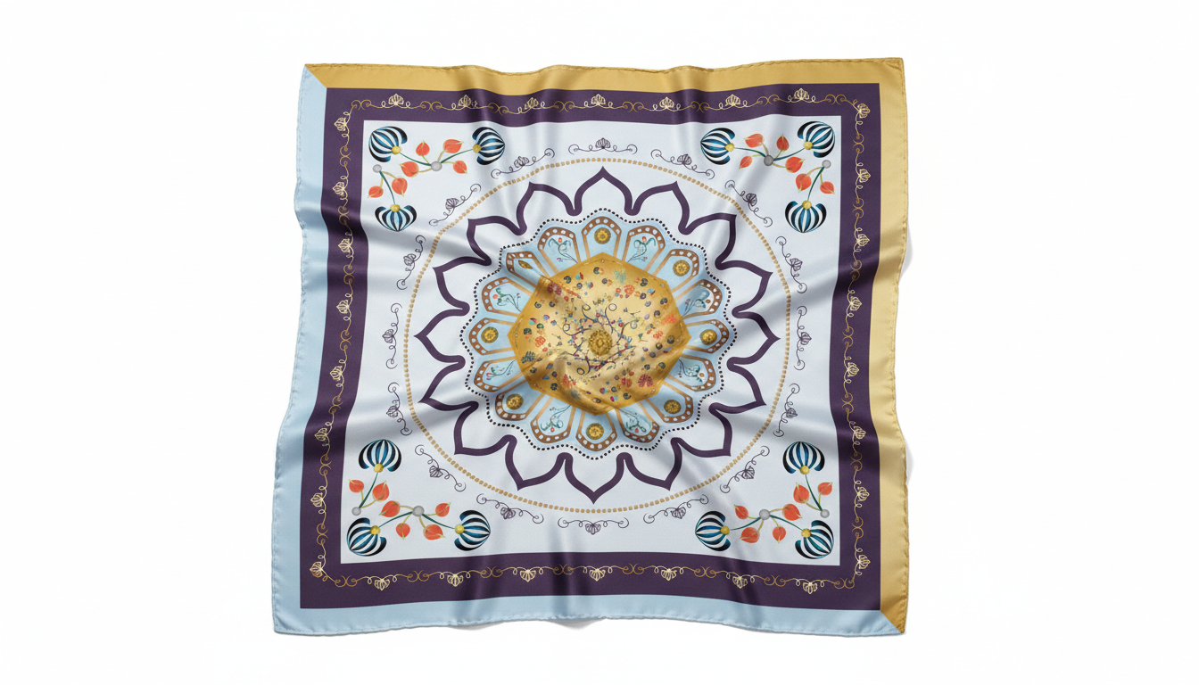 100% Silk Charmeuse Square Scarf Modern Mandala Aqua Gold No 2