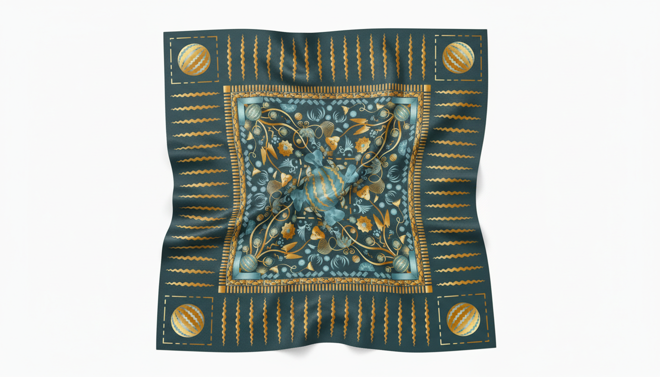 100% Silk Charmeuse Square Scarf Modern Mandala Aqua Gold No 6