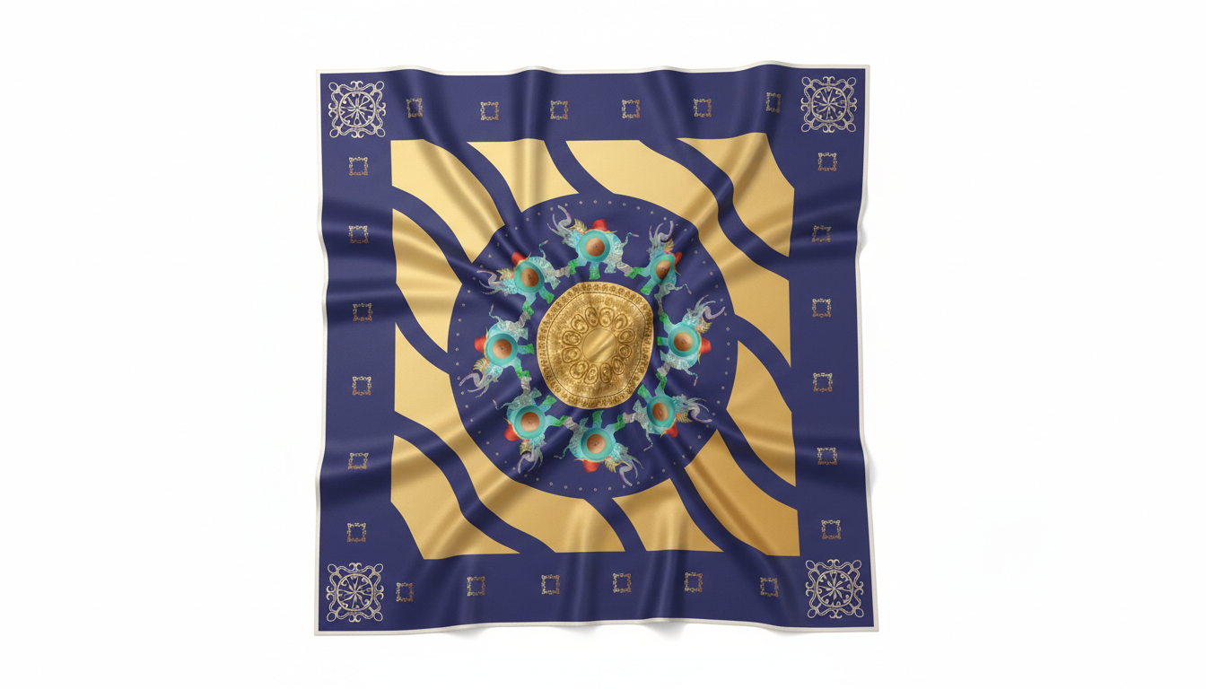 100% Silk Charmeuse Square Scarf Ganesha Gold Aqua Blue Mandala No 1