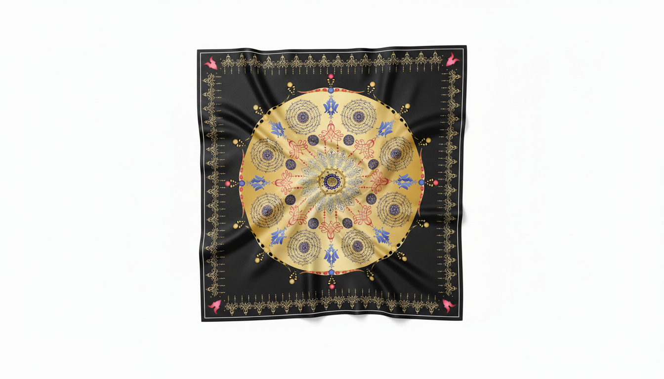 100% Silk Charmeuse Square Scarf Golden Mandala on Black