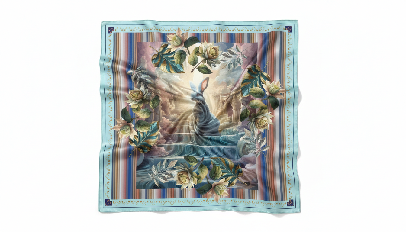 100% Silk Charmeuse Square Scarf Rabbit Stairway
