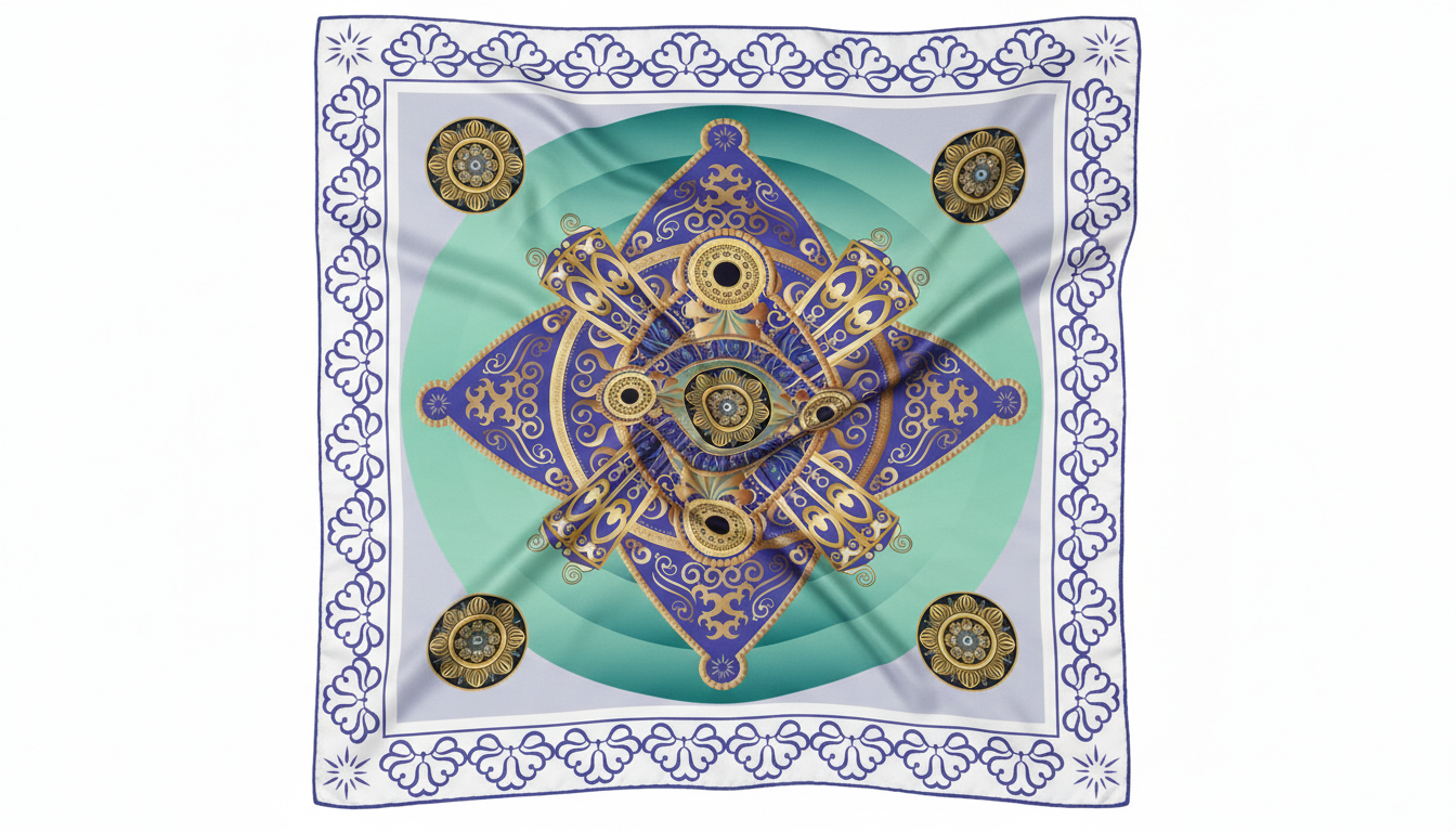 100% Silk Charmeuse Square Scarf Mandala Blue and Aqua No 2