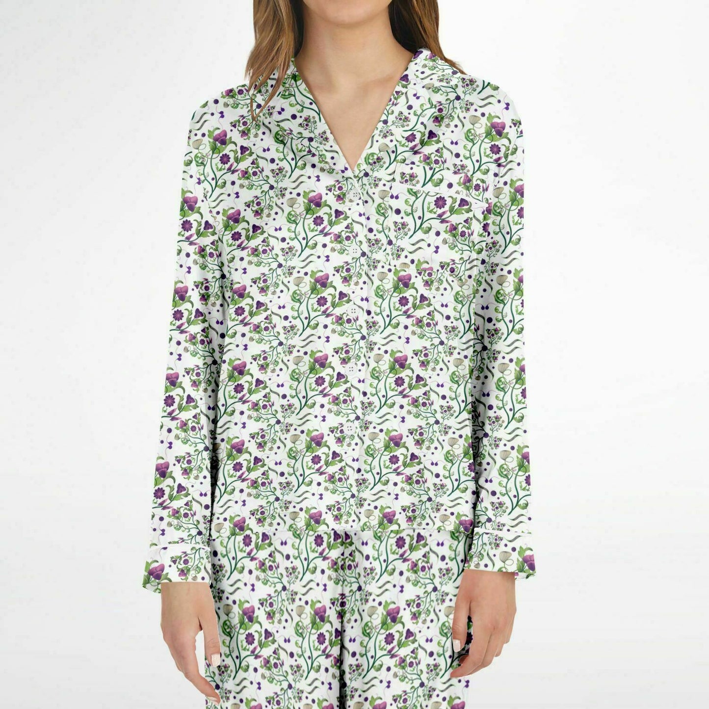 Women's Satin Pajamas AOP Kukloso Melange de fleur No 7 Multicolored Green & Violet flowers on White - Free Shipping