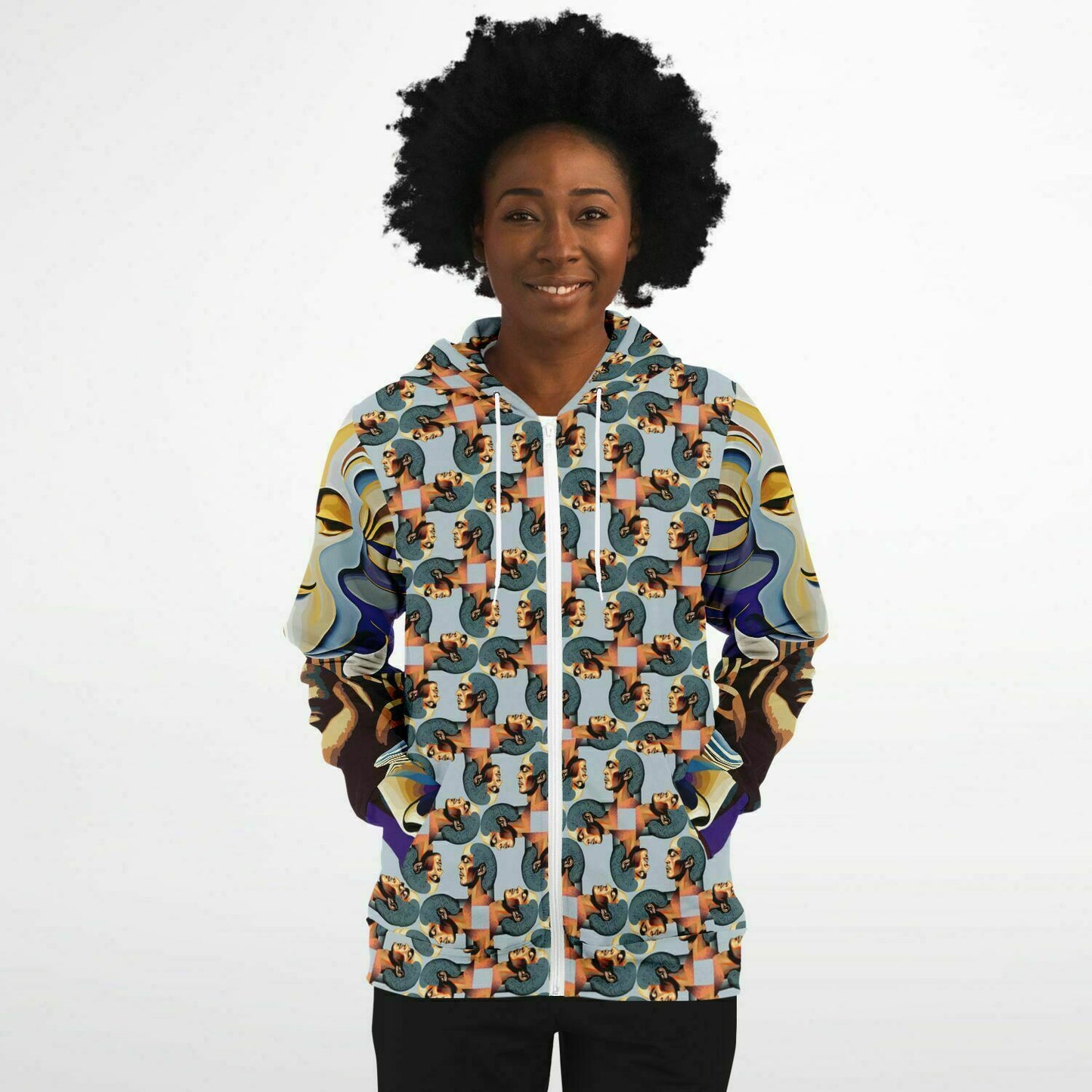 Unisex Fashion Zip-Up Hoodie - AOP Kukloso Cubist Faces No 54 Multicolored - Free Shipping