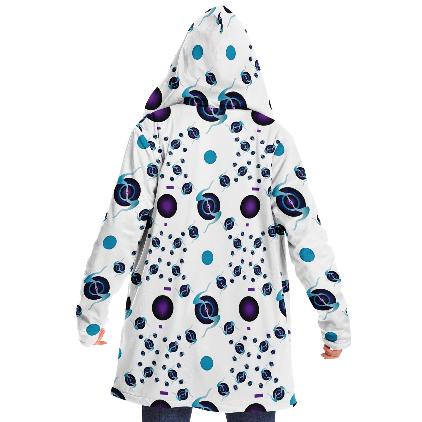 Microfleece Cloak - AOP Kukloso Abstractical No 225 Purple-Aqua orb shapes on White - Free Shipping