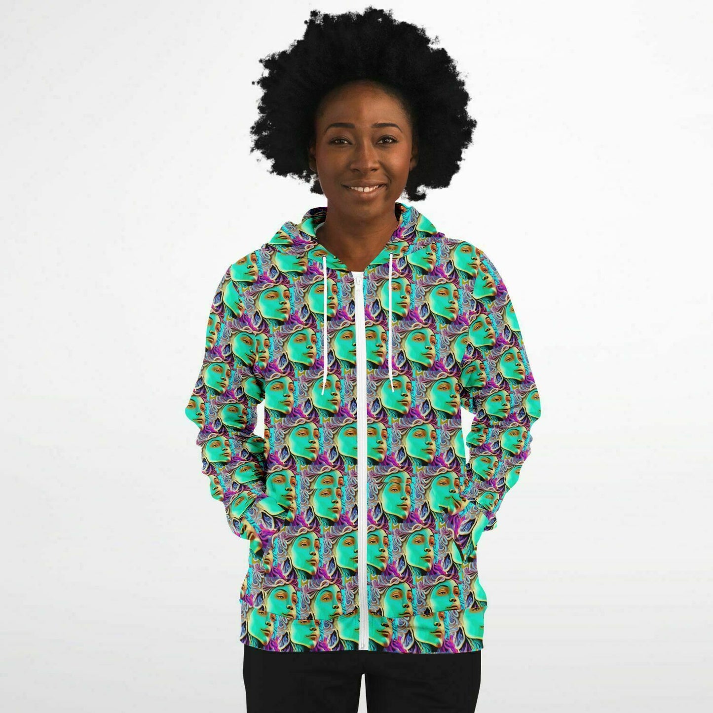 Fashion Zip-Up Hoodie - AOP Kukloso Cubist Faces No 4 Green - Free Shipping - Free Shipping