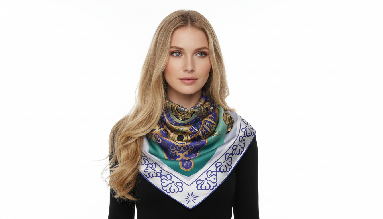 100% Silk Charmeuse Square Scarf Mandala Blue and Aqua No 2