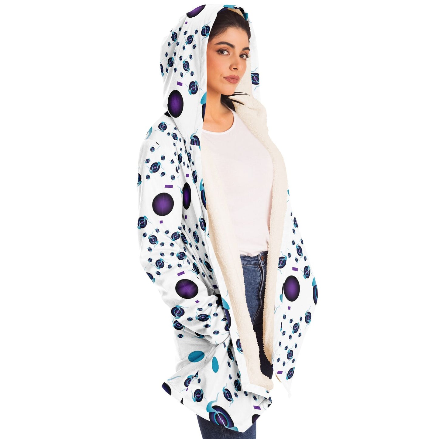 Microfleece Cloak - AOP Kukloso Abstractical No 225 Purple-Aqua orb shapes on White - Free Shipping