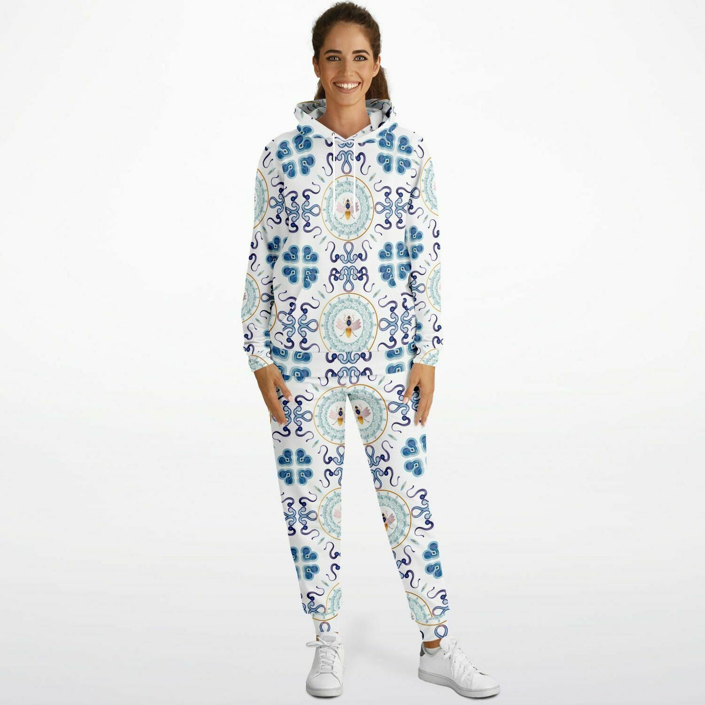 Athletic Hoodie & Jogger - AOP Kukloso No 154 Honey Bee Mandala Design, Aqua-Blue on White - Free Shipping