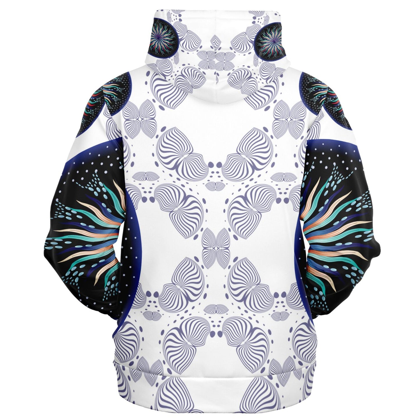 Fashion Zip-Up Hoodie - AOP Kukloso Mandala No 5A Multicolored Combo, Navy on White - Free Shipping