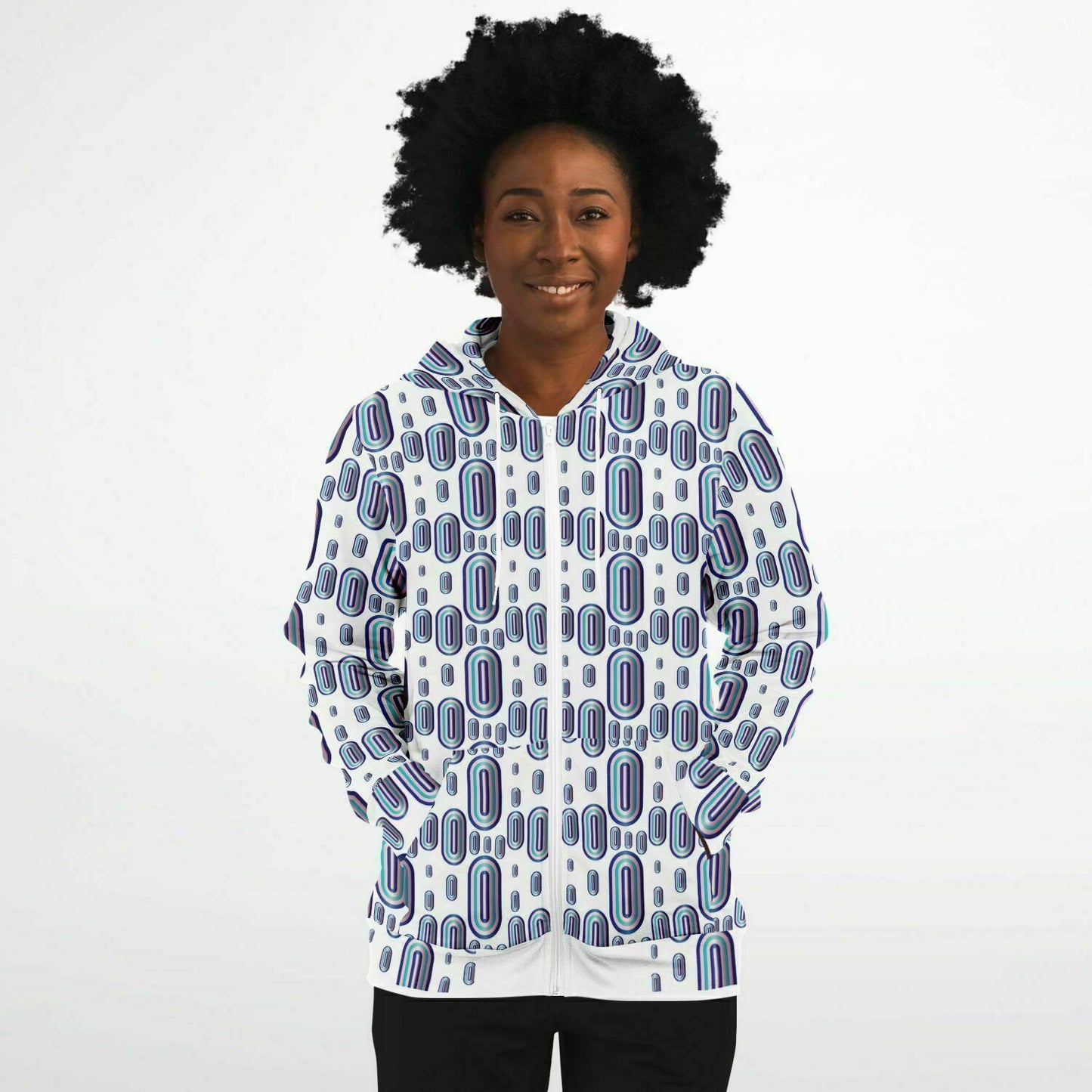 Fashion Zip-Up Hoodie - AOP Kukloso Abstractical No 93 Aqua, Pink, Navy shapes on White - Free Shipping