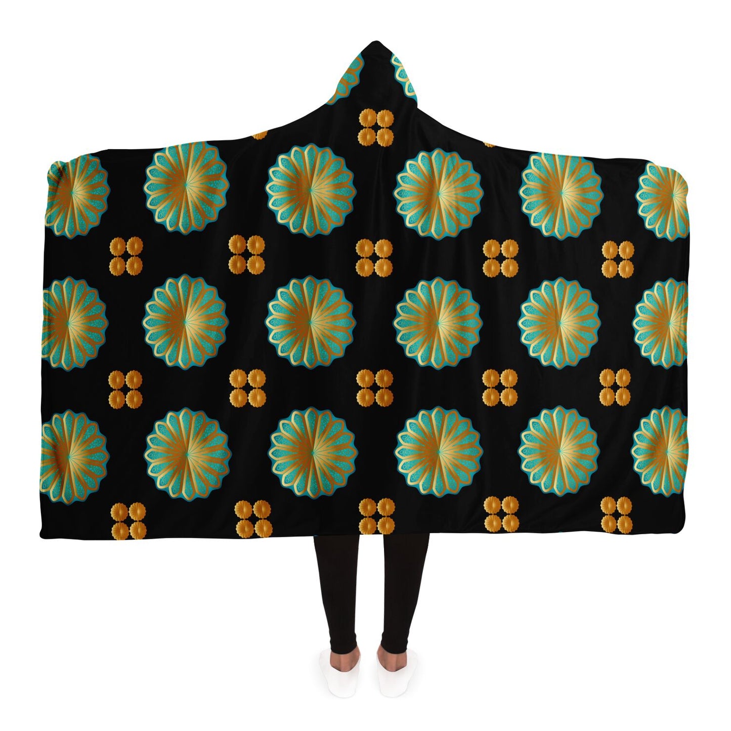 Hooded Blanket - AOP Mandala No 141 No 11 Aqua & Gold on Black