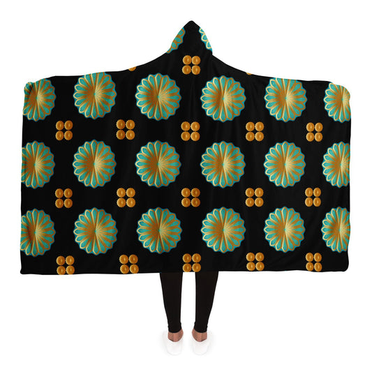 Hooded Blanket - AOP Mandala No 141 No 11 Aqua & Gold on Black