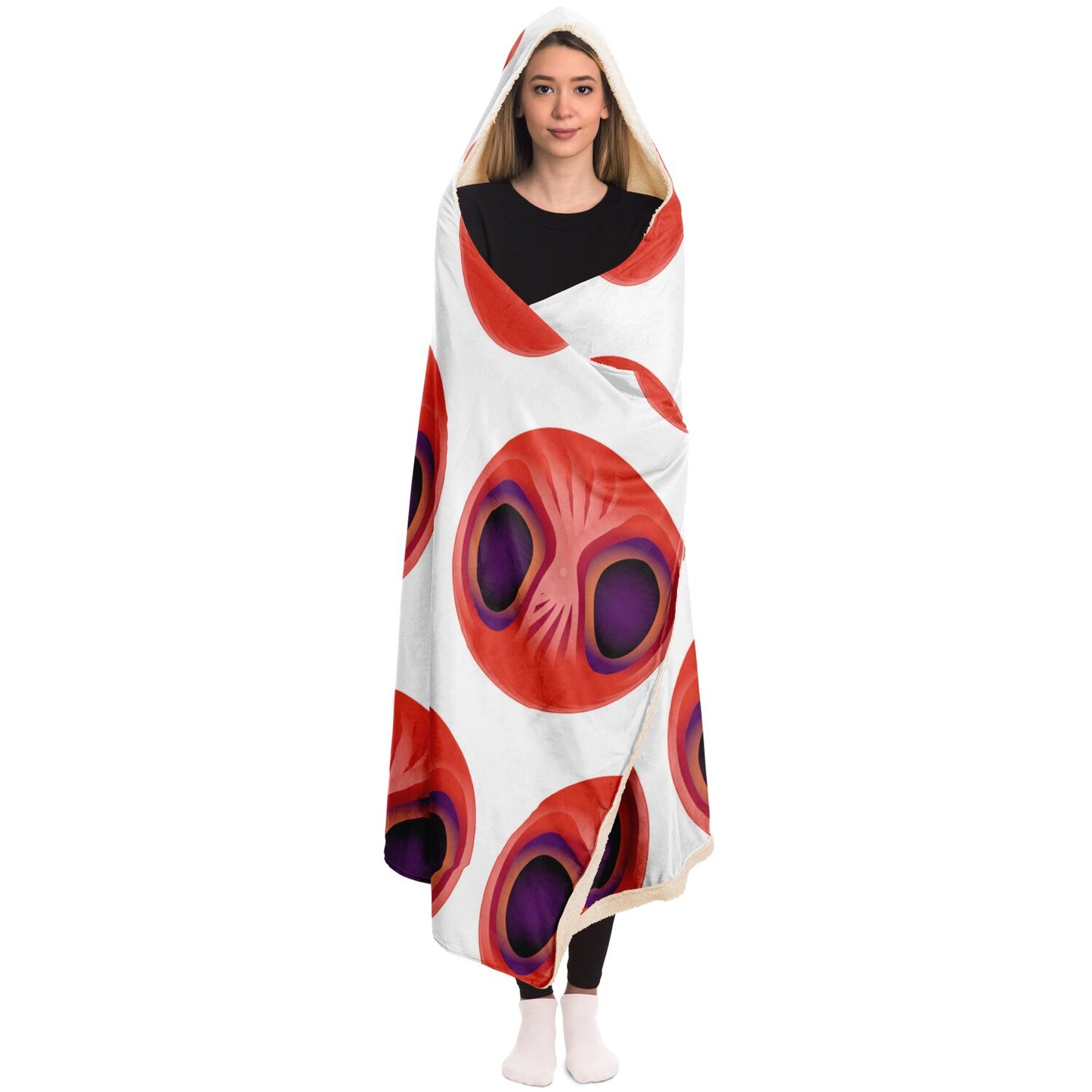 Hooded Blanket - AOP Kukloso Abstractical No 199 Alien Faces Orange on White - Free Shipping