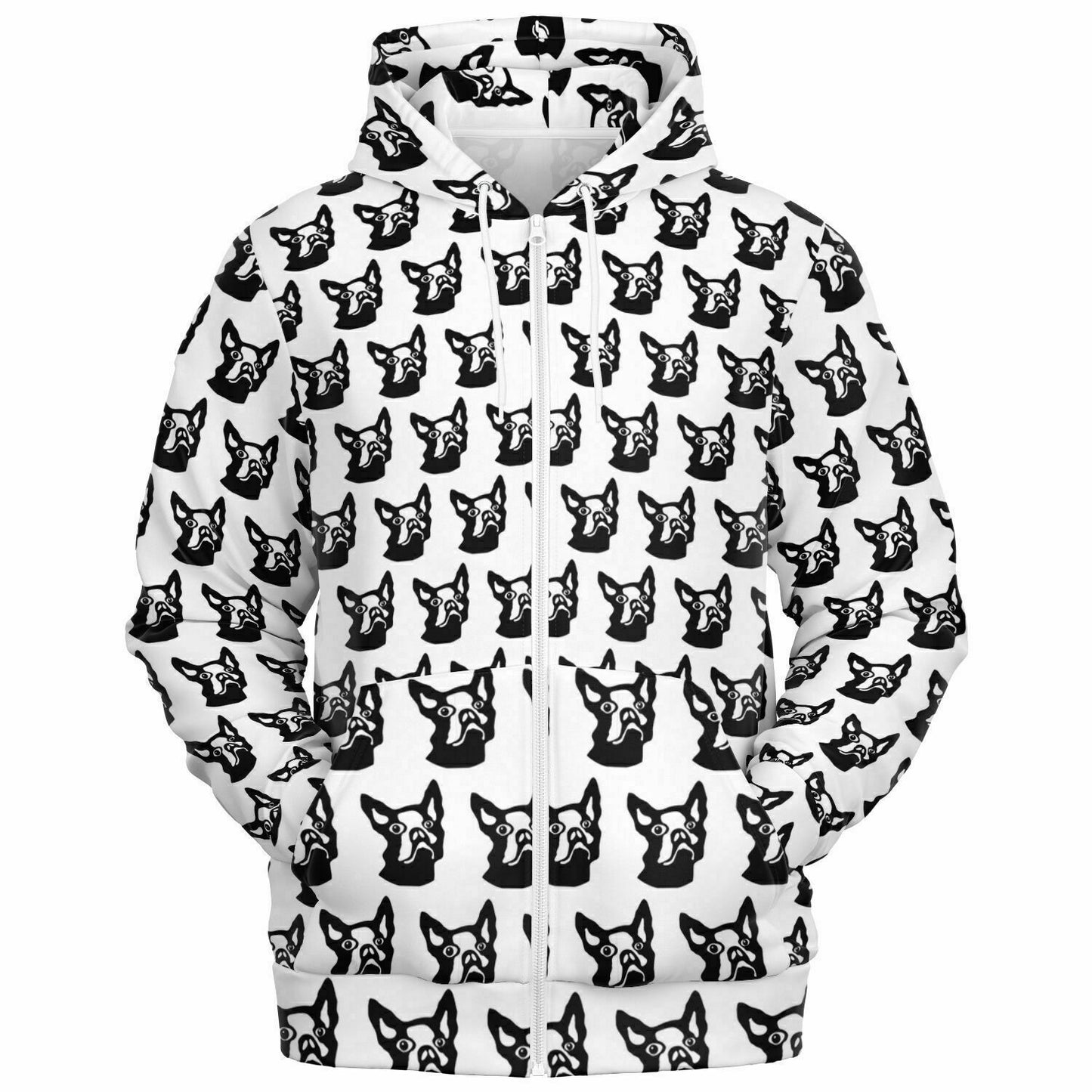 Fashion Zip-Up Hoodie - AOP Kukloso Boston Terrier Dog Black on White - Free Shipping