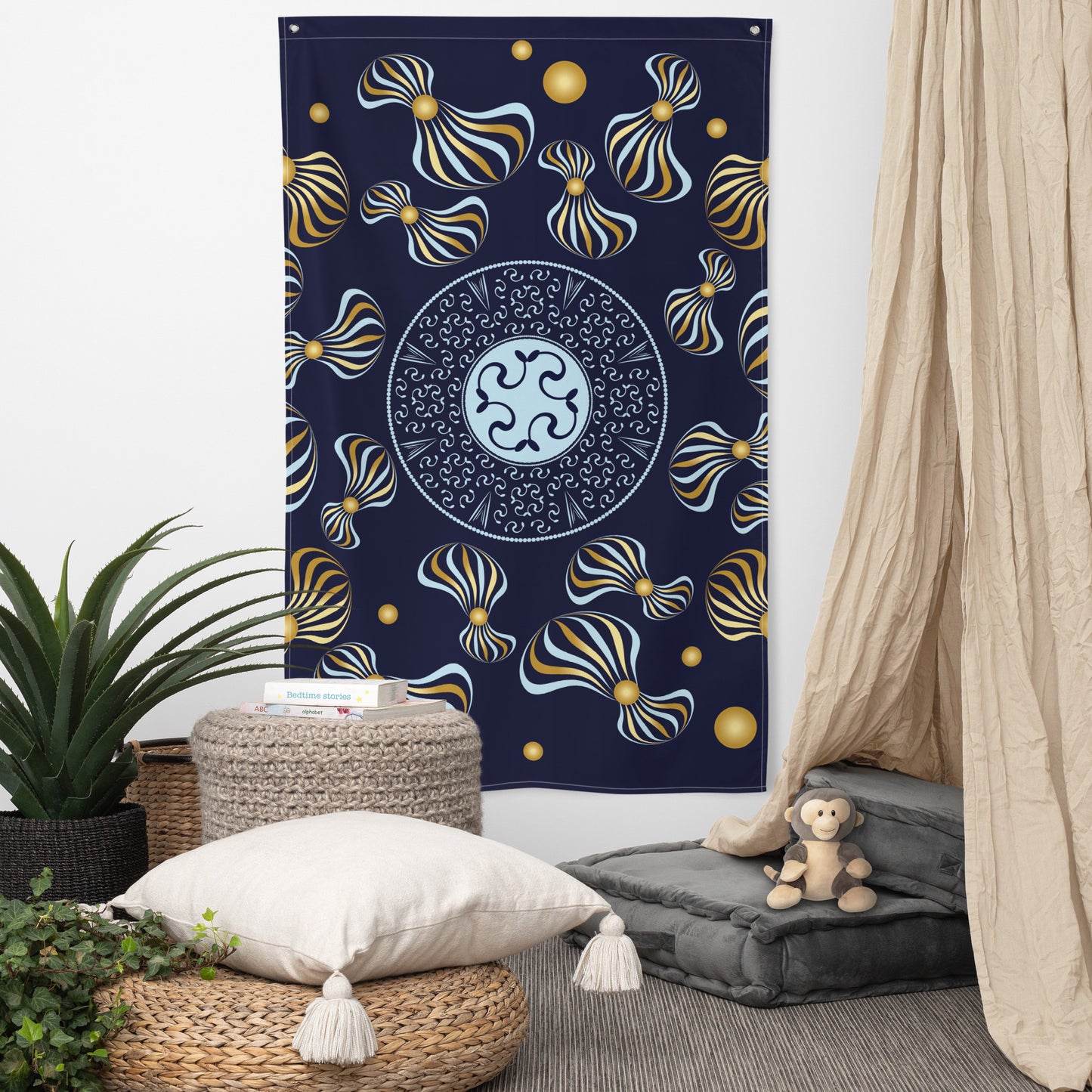 Flag  Whimsical No 98 Modern Mandala Design Navy/Silver/Gold Free Shipping