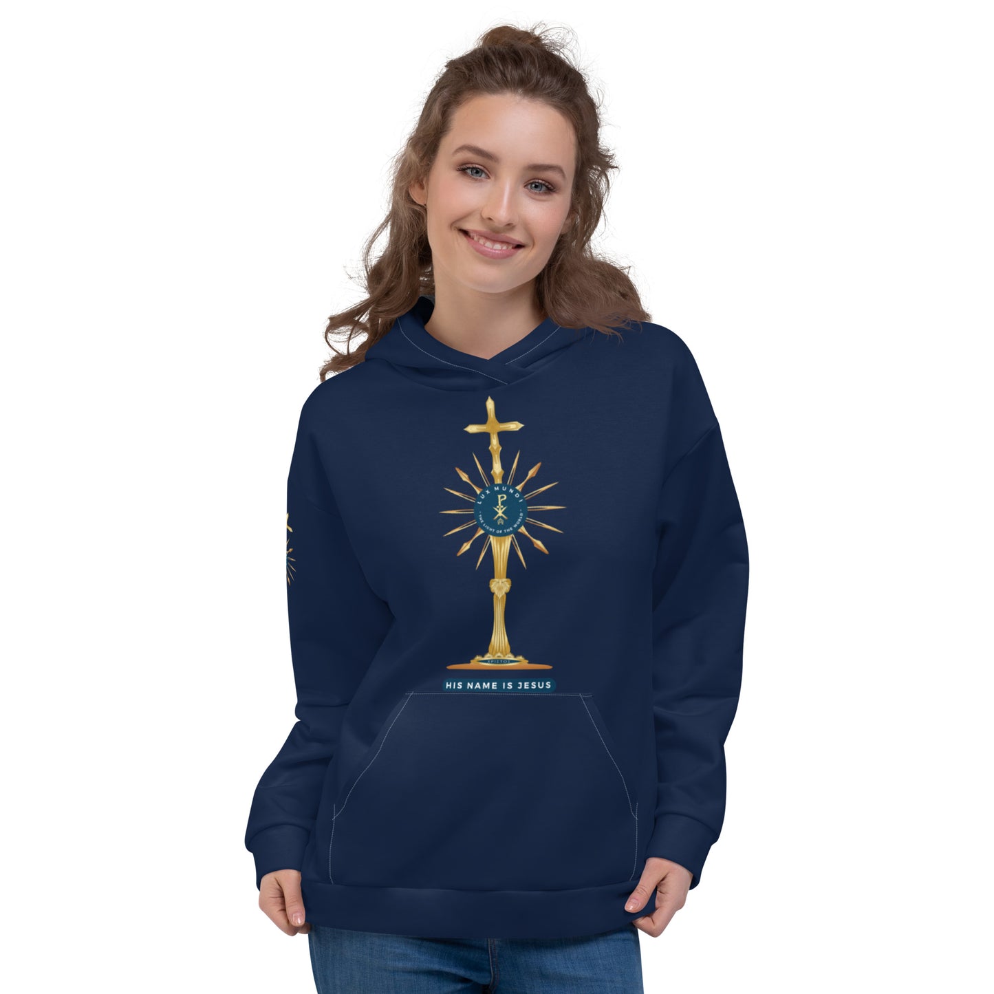 Unisex Hoodie Kukloso Golden Monstrance 'Lux Mundi' 'Light of The World' No 3 Navy - Free Shipping