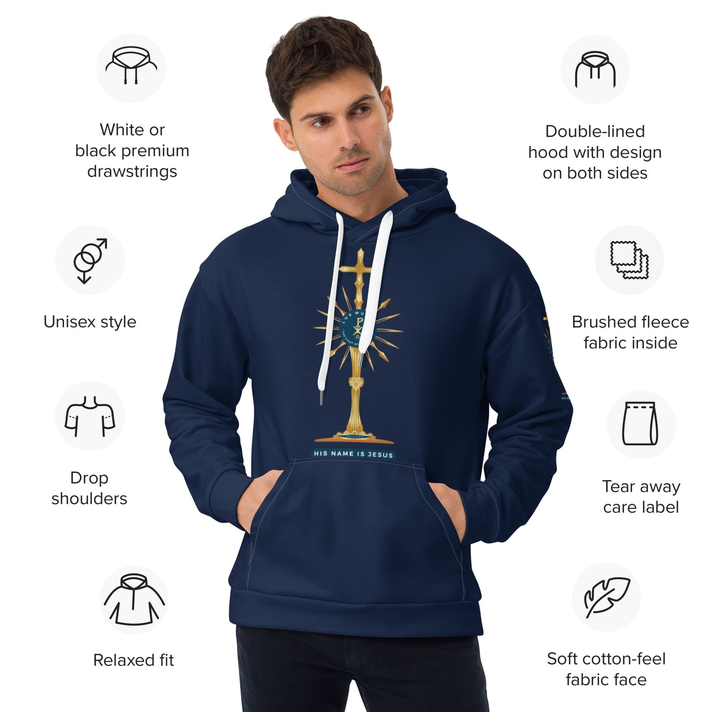 Unisex Hoodie Kukloso Golden Monstrance 'Lux Mundi' 'Light of The World' No 3 Navy - Free Shipping