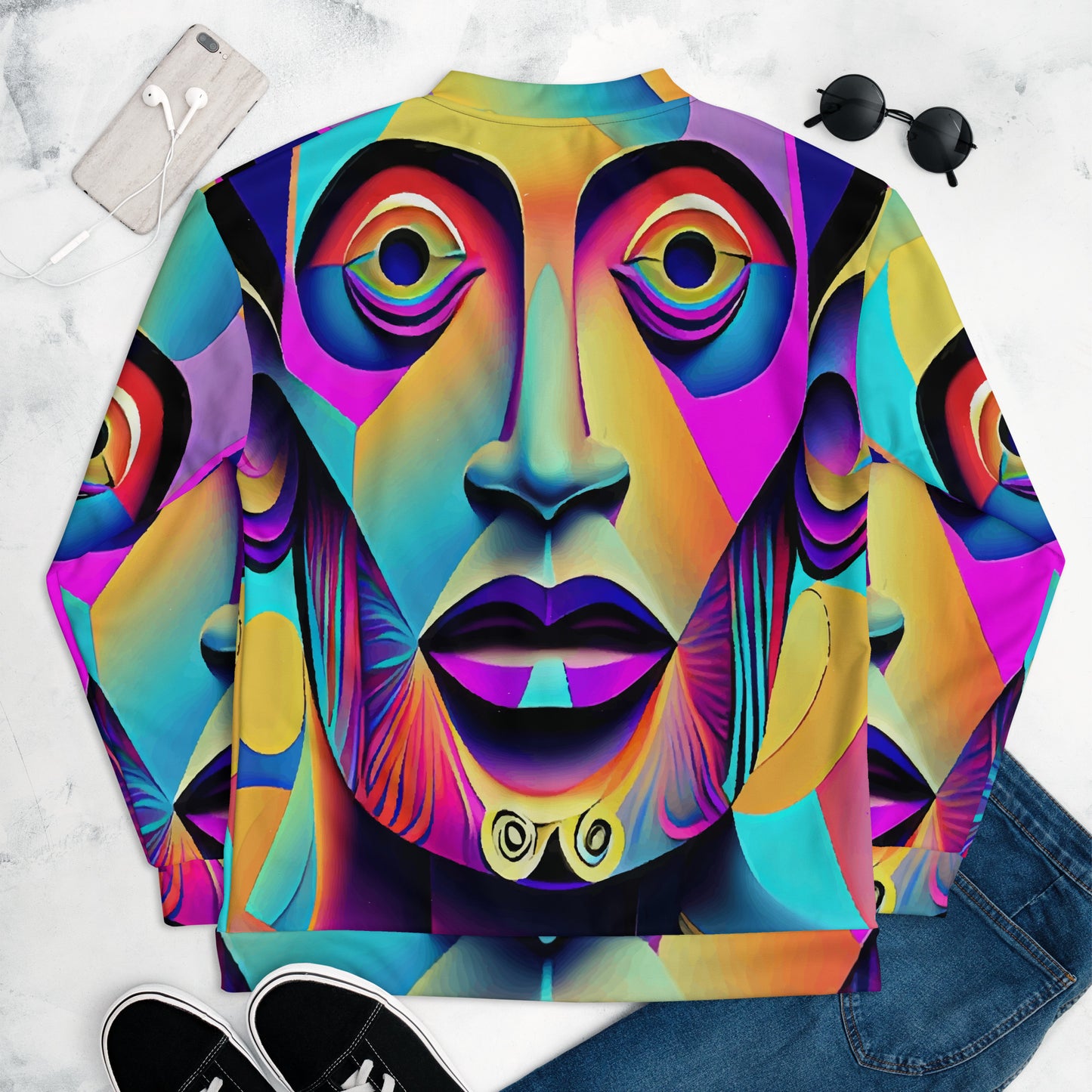 Unisex Bomber Jacket Kukloso Cubist Faces No 1 Multicolored Free Shipping