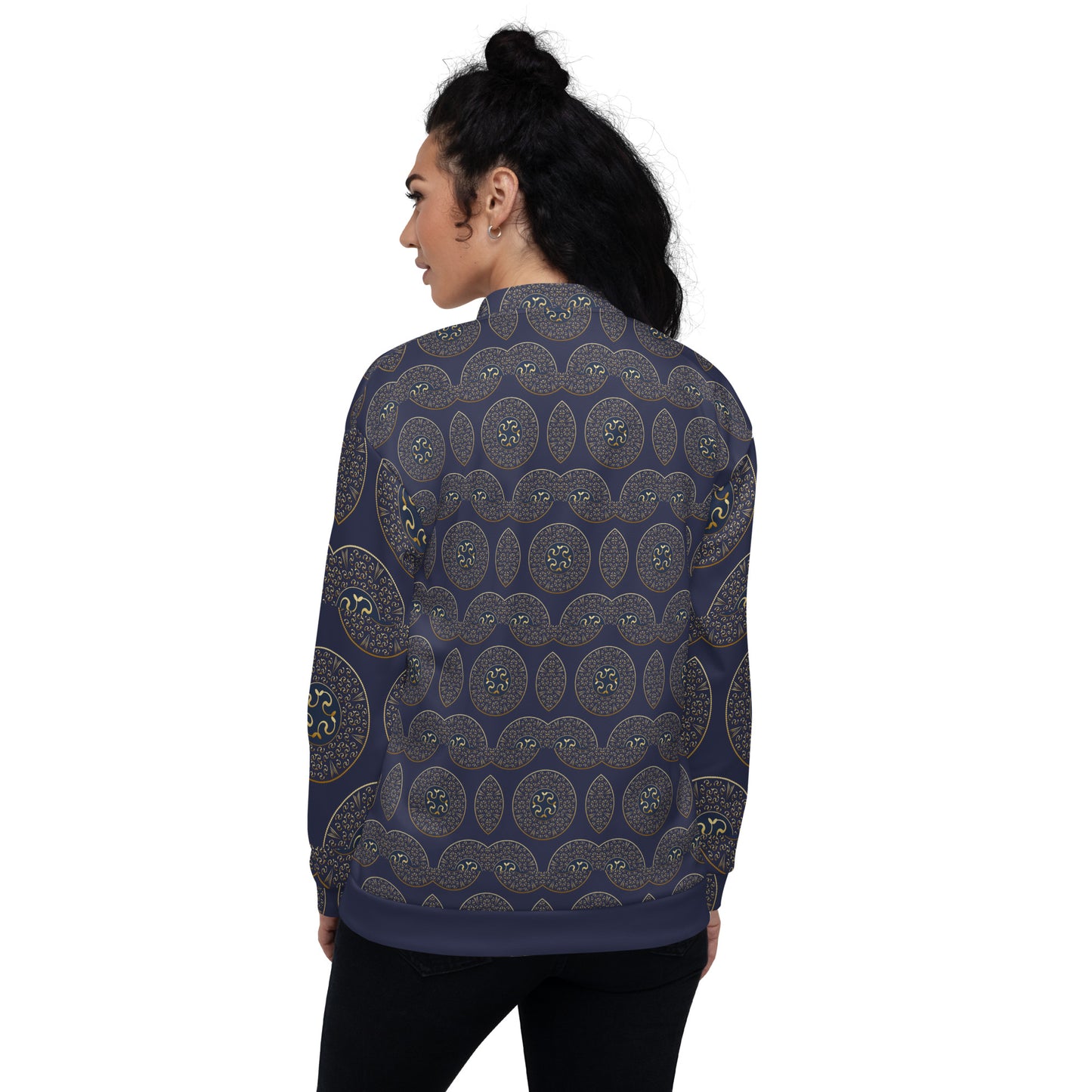 Unisex Bomber Jacket Kukloso Mandala No 57 B Gold on Navy Free Shipping