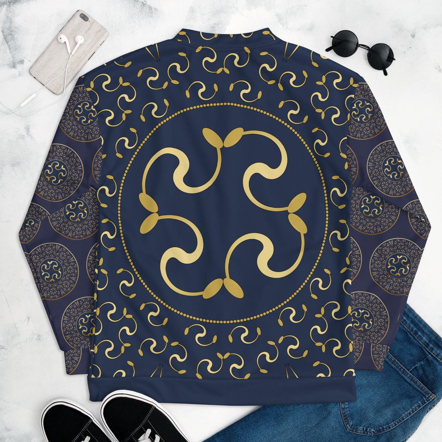 Unisex Bomber Jacket Kukloso Mandala No 57 C Gold on Navy Free Shipping