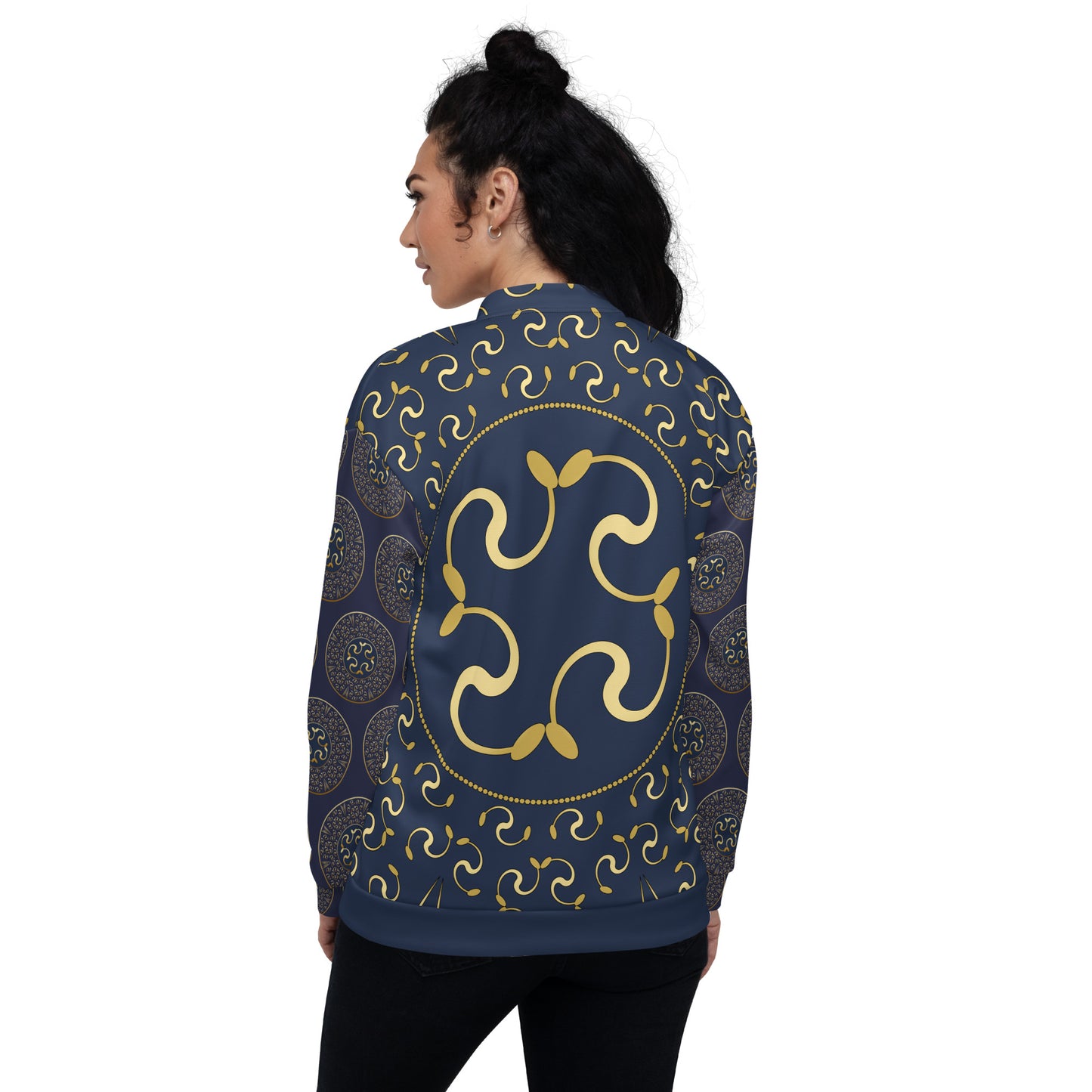 Unisex Bomber Jacket Kukloso Mandala No 57 C Gold on Navy Free Shipping