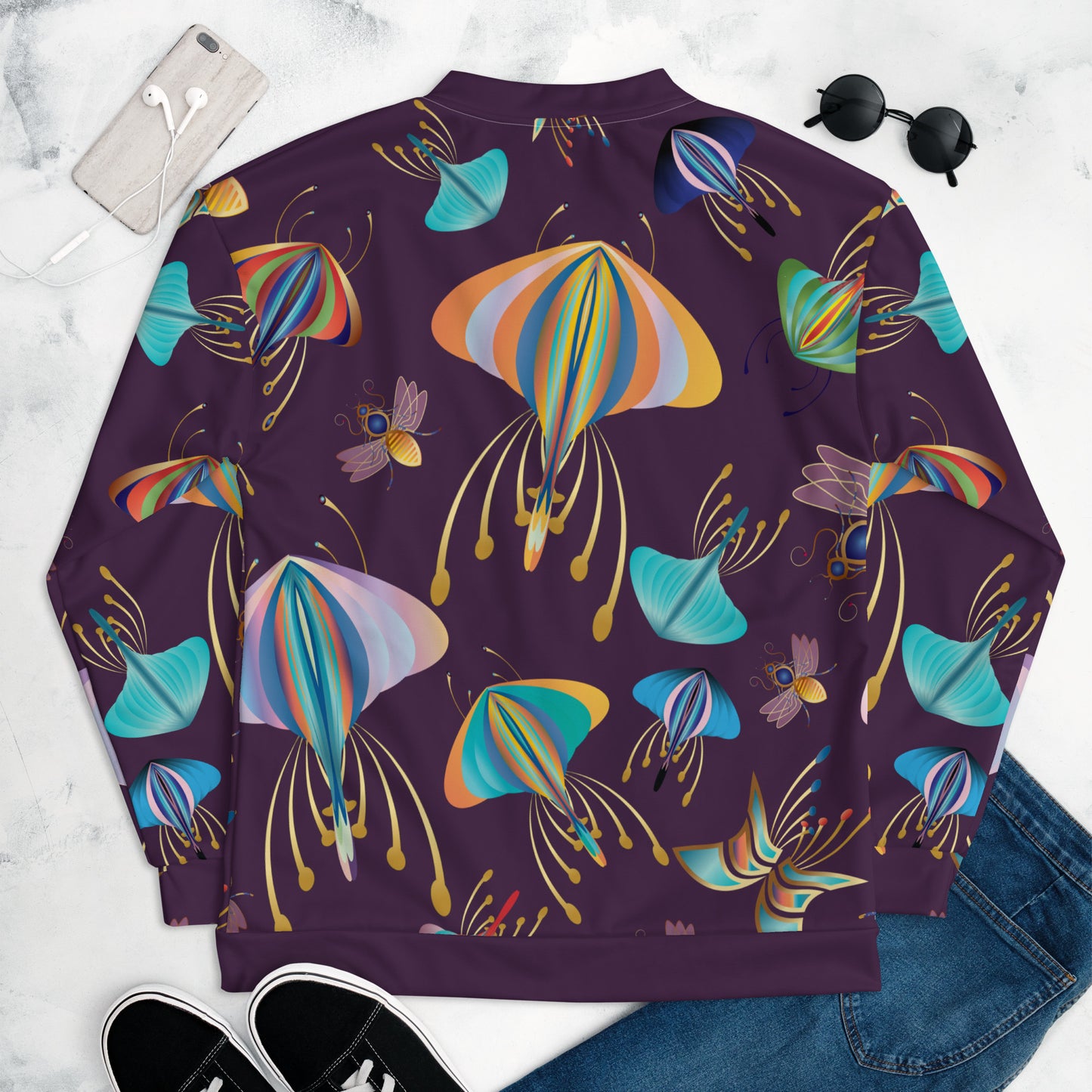 Unisex Bomber Jacket Kukloso Bees, Moths, Butterflies on Dark Purple - Free Shipping