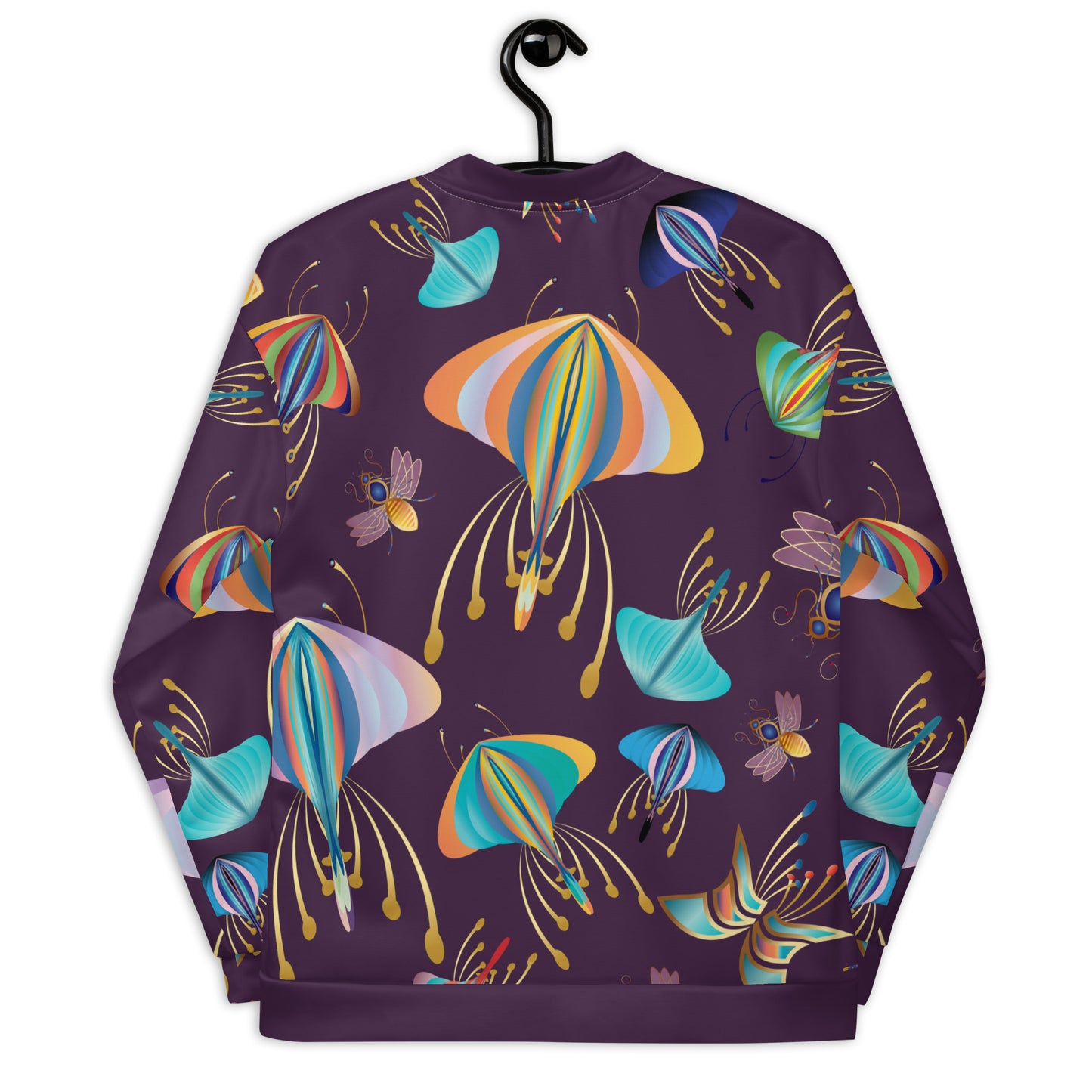 Unisex Bomber Jacket Kukloso Bees, Moths, Butterflies on Dark Purple - Free Shipping