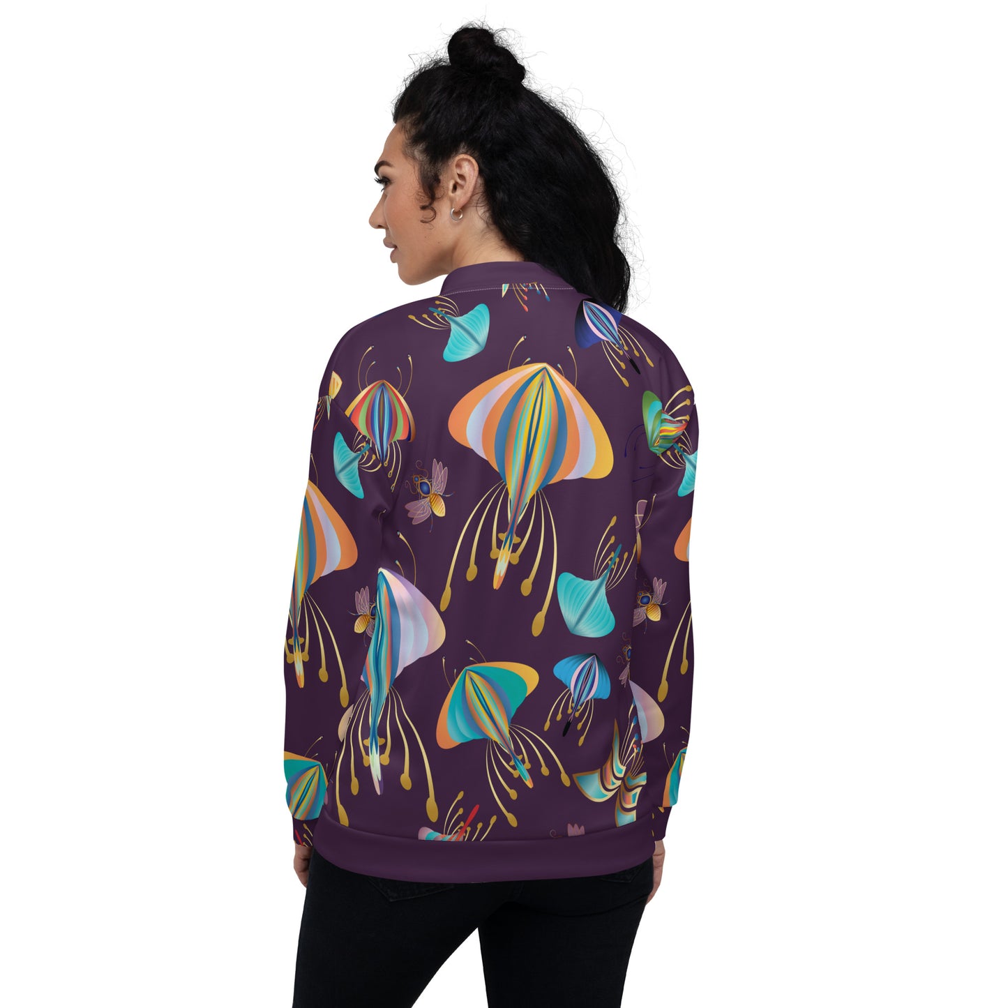 Unisex Bomber Jacket Kukloso Bees, Moths, Butterflies on Dark Purple - Free Shipping