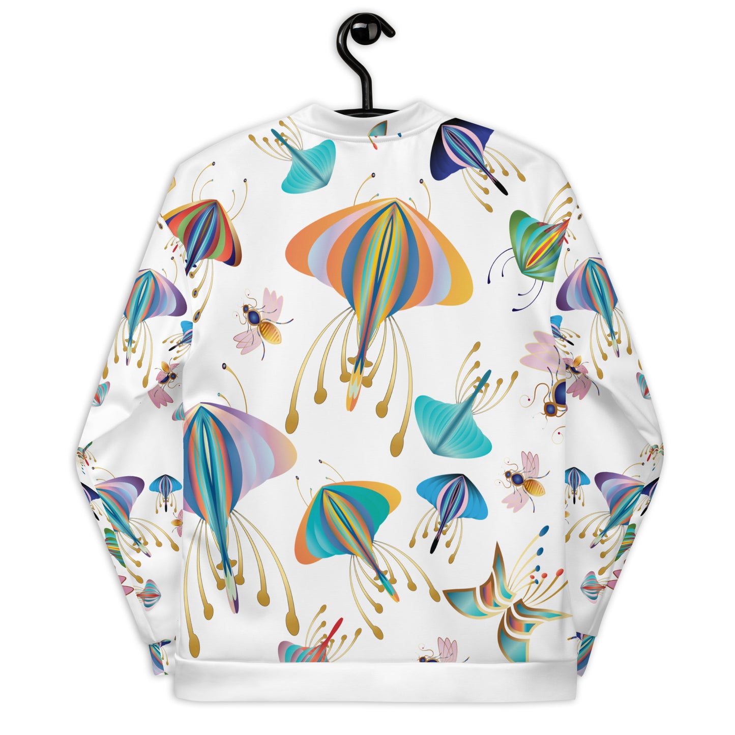 Unisex Bomber Jacket Kukloso Bees, Moths, Butterflies on White - Free Shipping