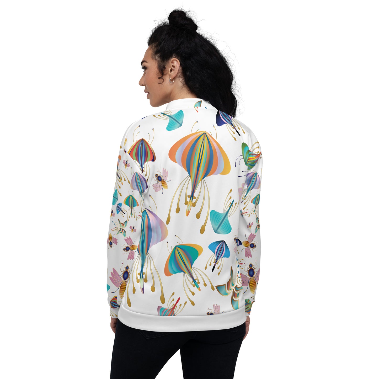 Unisex Bomber Jacket Kukloso Bees, Moths, Butterflies on White - Free Shipping