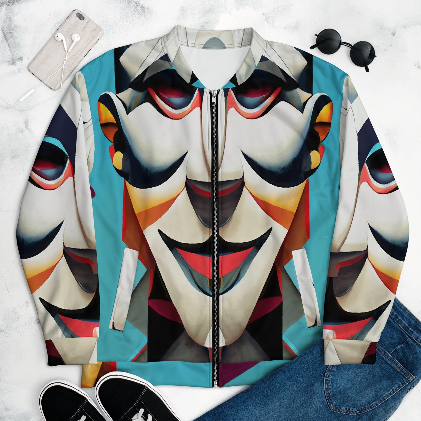 Unisex Bomber Jacket Kukloso Cubist Faces No 6 Multicolored Free Shipping