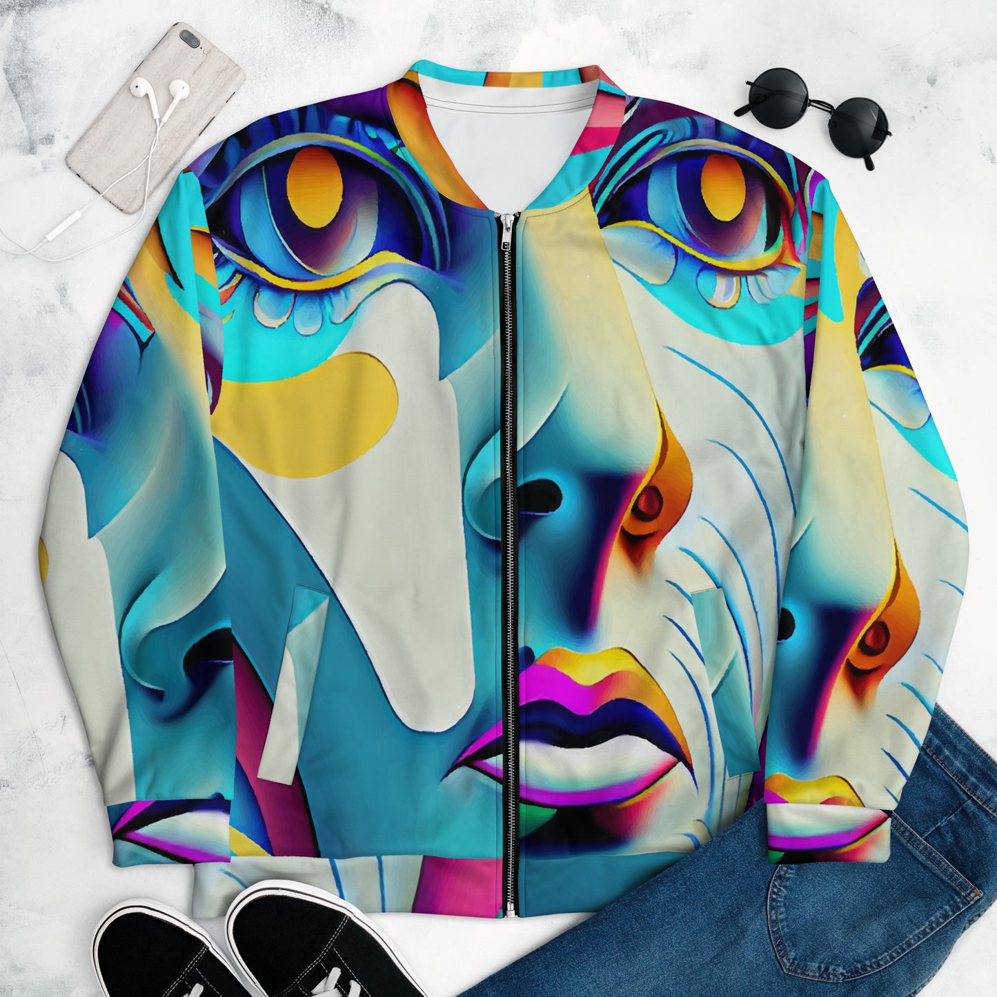 Unisex Bomber Jacket Kukloso Cubist Faces No 8 Multicolored Free Shipping