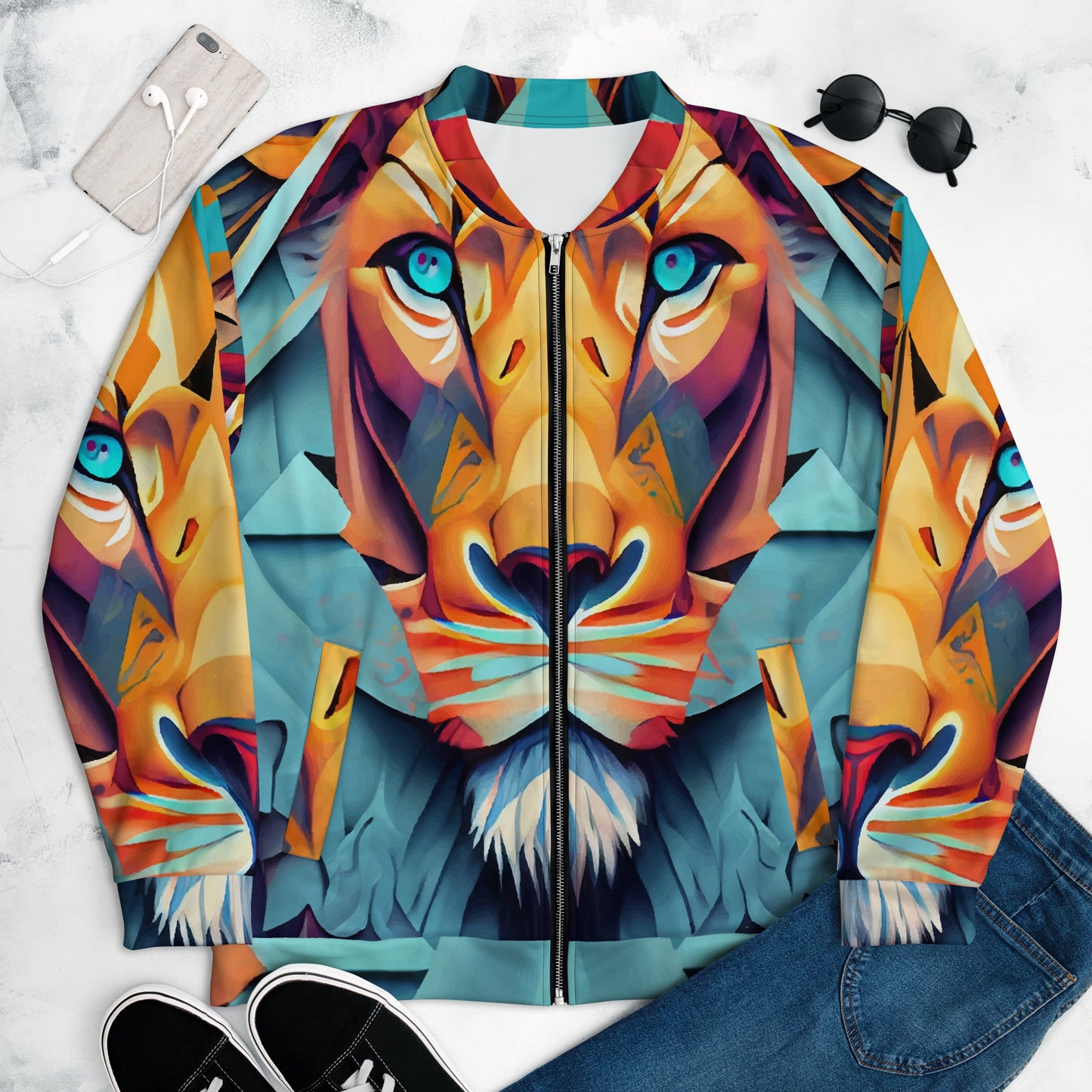 Unisex Bomber Jacket Kukloso Cubist Faces No 13 Mr. Lion Multicolored Free Shipping