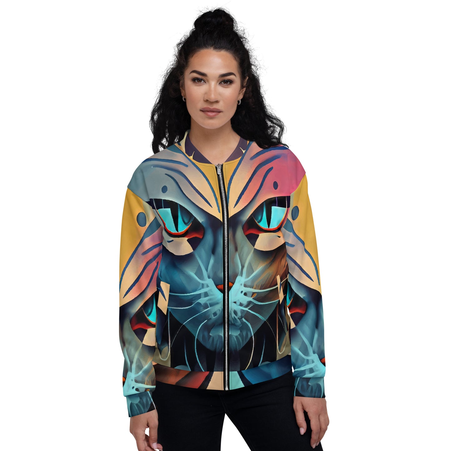 Unisex Bomber Jacket Kukloso Cubist Faces No 14 Mr. Cat Multicolored Free Shipping