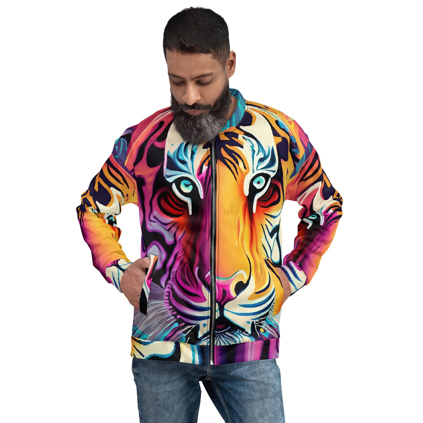 Unisex Bomber Jacket Kukloso Cubist Faces No 15 Mr. Tiger Multicolored Free Shipping