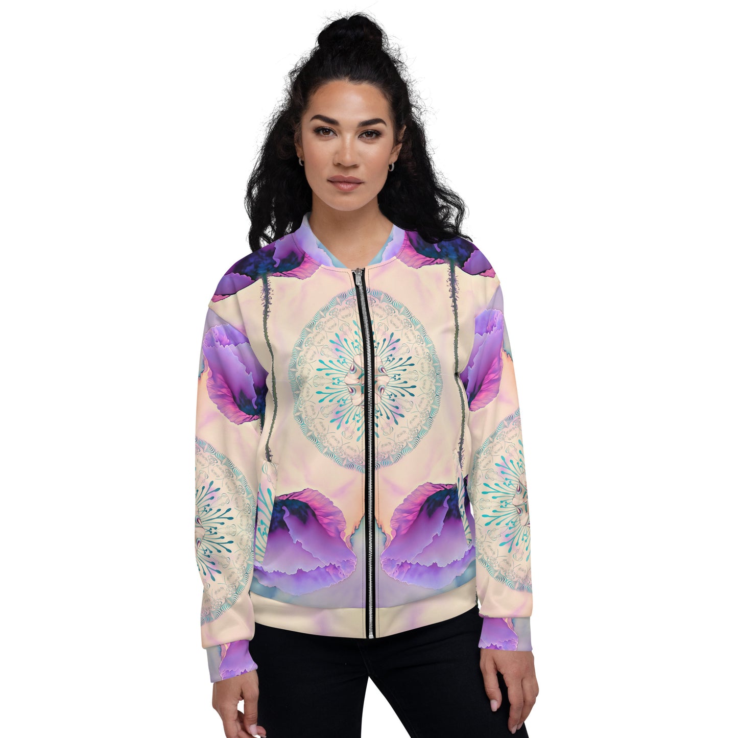 Unisex Bomber Jacket Kukloso Cubist Faces No 25 Purple - Aqua Colors Free Shipping