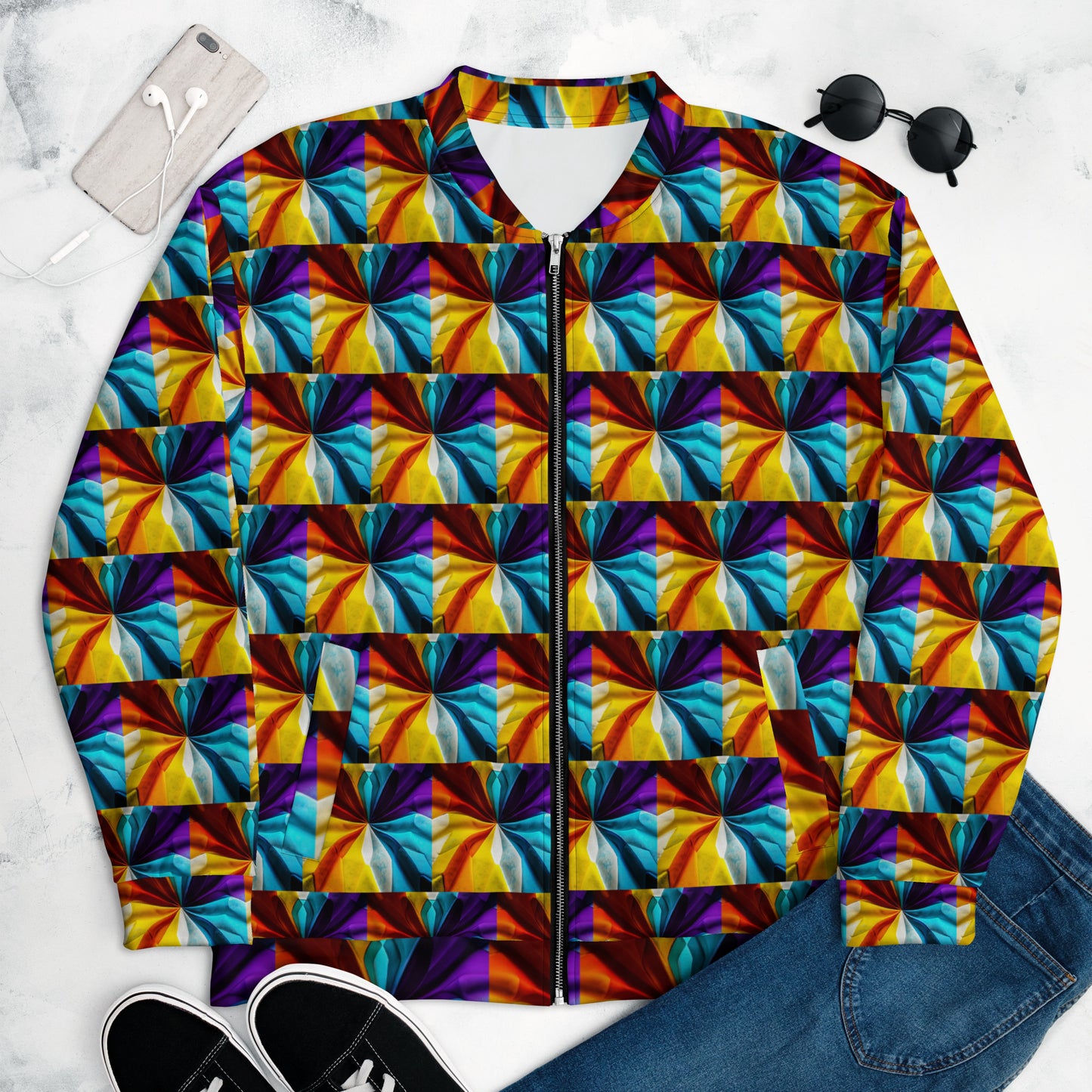 Unisex Bomber Jacket Kukloso Cubist Faces No 27 Multicolor - Aqua Colors Free Shipping