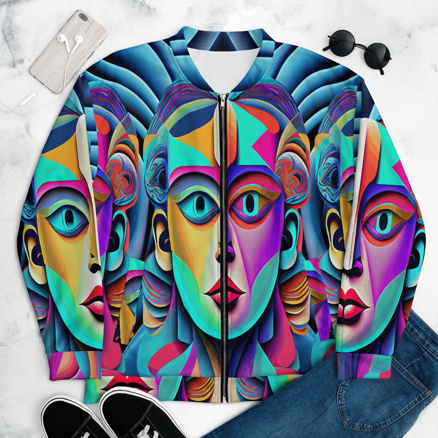 Unisex Bomber Jacket Kukloso Cubist Faces No 39 - Free Shipping