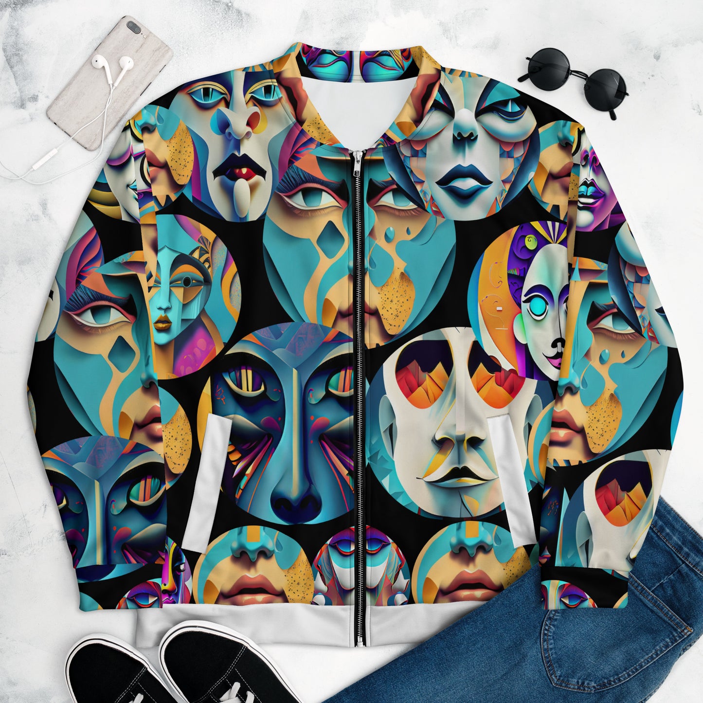 Unisex Bomber Jacket Kukloso Cubist Faces No 35 - Free Shipping