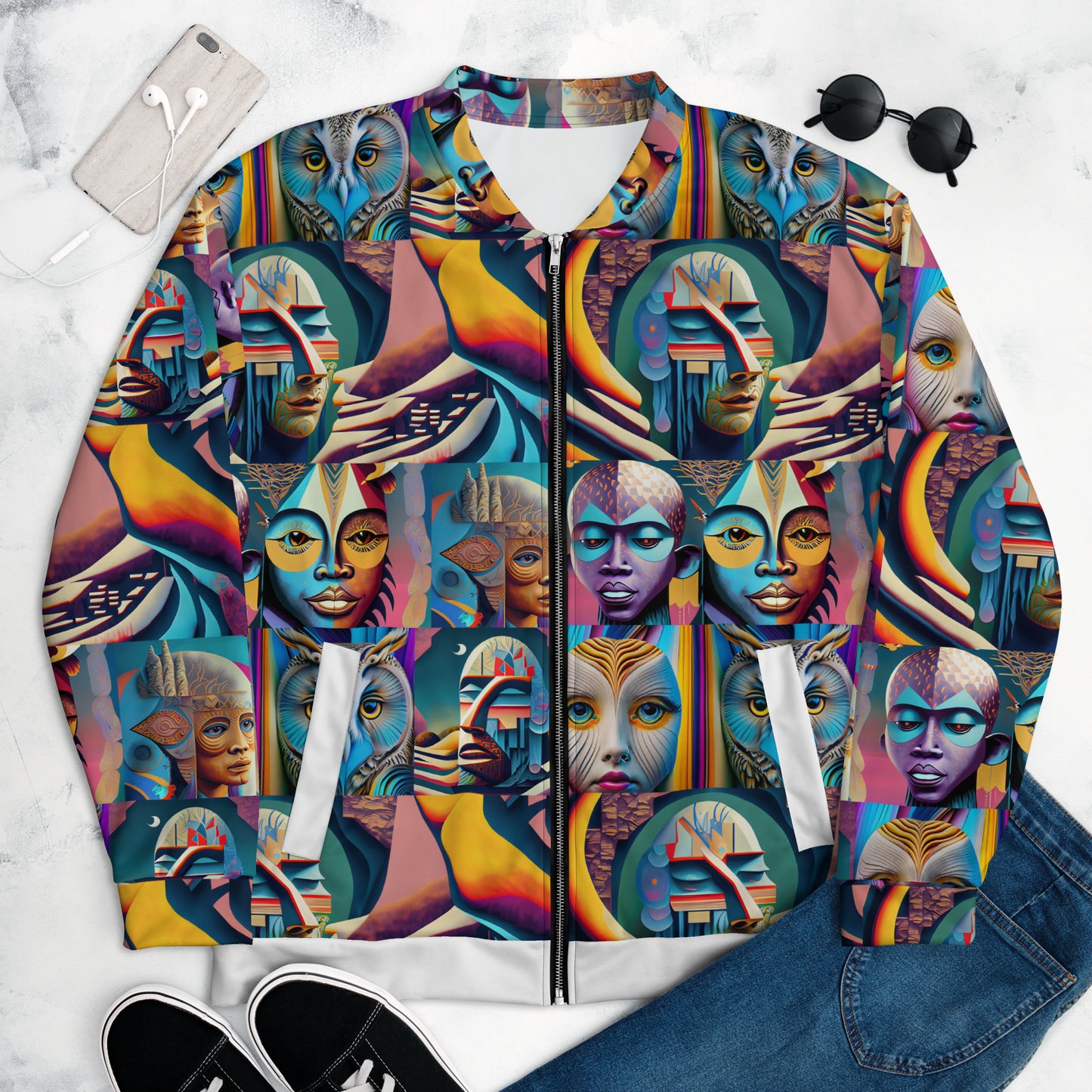 Unisex Bomber Jacket Kukloso Cubist Faces No 33 - Free Shipping