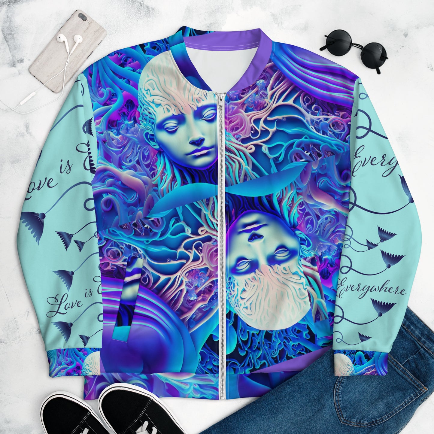 Unisex Bomber Jacket Kukloso Space Faces Love is Everywhere No 1 Free Shipping